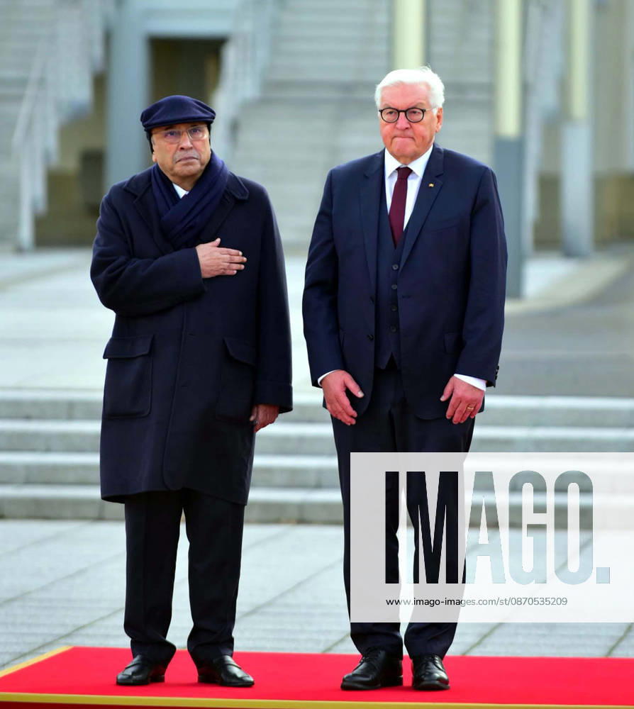 President of Pakistan, Asif Ali Zardari and German President, Frank-Walter Steinmeier standing in respect of the National Anthems of Pakistan Germany during the welcome ceremony held in Berlin on Friday, October 23, 2026. (PPI Images).