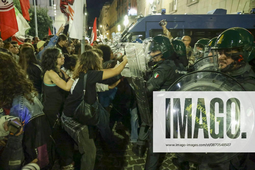 Protesters Clash with Police in Naples Students, trade union members and activists from Potere al Popolo take part in a demonstration against the rising cost of living in Piazza Municipio. Clashes between demonstrators and police break out during the protest. ABP18677