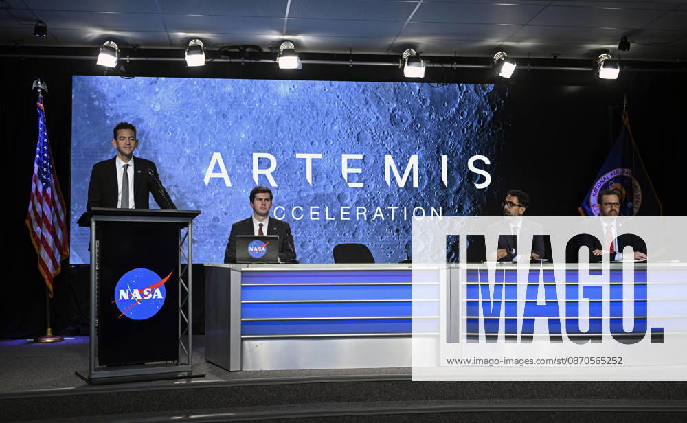 NASA Administrator Jared Isaacman (l) speaks during a press briefing as Deputy Press Secretary George Alderman, NASA Associate Administrator Amit Kshatriya and NASA Artemis Program Manager Jeremy Parsons (table l to r) participate at the Kennedy Space Center on Friday October 23, 2026. NASA is providing an update on the acceleration of the Artemis Program as they continue to prepare for returning crewed missions to the moon. KSP202610230002 JOExMARINO