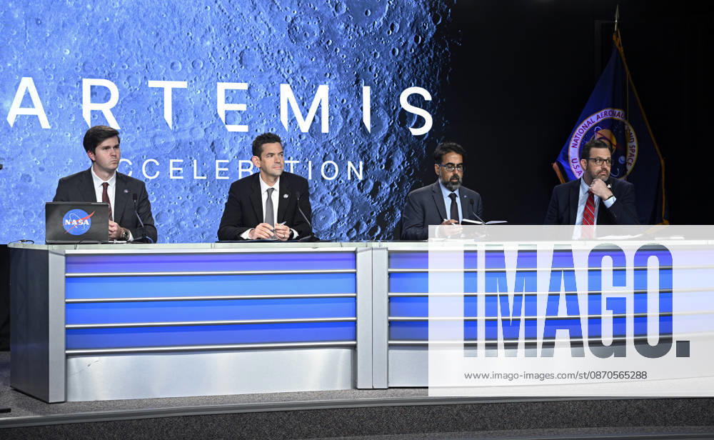 NASA Deputy Press Secretary George Alderman, NASA Administrator Jared Isaacman, NASA Associate Administrator Amit Kshatriya and NASA Artemis Program Manager Jeremy Parsons (i to r) present at a press conference at the Kennedy Space Center on Friday October 23, 2026. NASA is providing an update on the acceleration of the Artemis Program as they continue to prepare for returning crewed missions to the moon. KSP202610230001 JOExMARINO