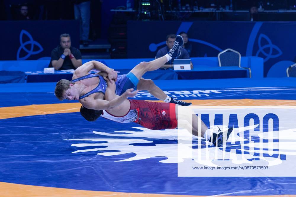 Astana, 2021 World Wrestling Championshi, Kazakhstan: Uzbekistan s Doniyorkhon Nakibov executes a suplay throw against Finland s Jonni Kunnari Sarkkinen during their men s Greco-Roman 77kg bout at the Senior World Wrestling Championships in Astana, Kazakhstan, on October 24, 2026. Nakibov won the bout 7-2. . Astana Kazakhstan - ZUMAt172 20261024_zip_t172_011