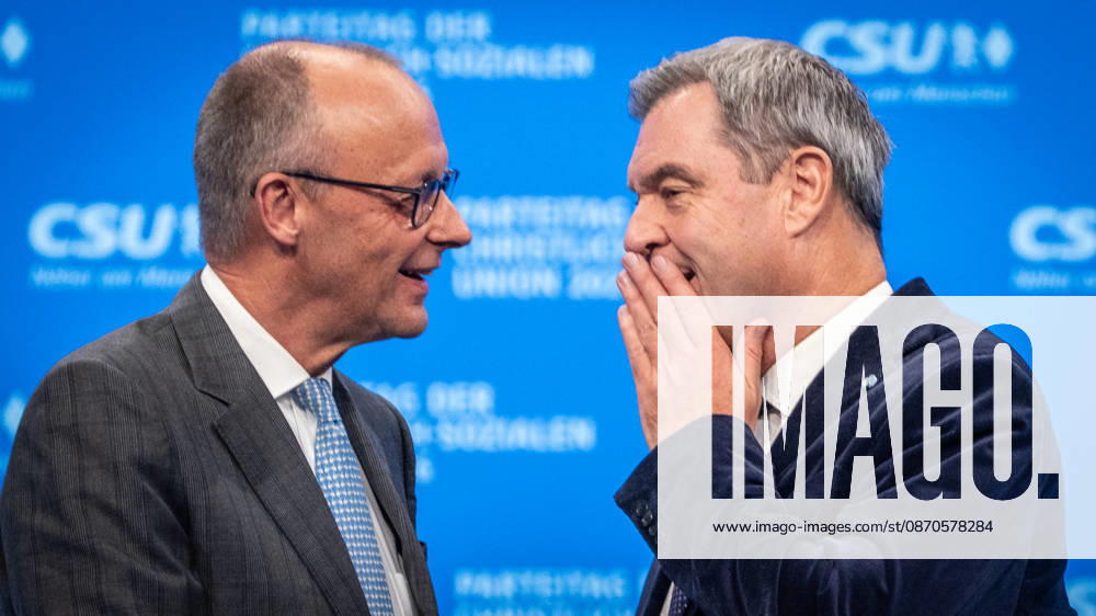 Bundeskanzler Friedrich Merz mit dem CSU-Parteivorsitzenden Markus Söder auf dem Parteitag;Parteitag der CSU in München, München Bayern Deutschland Messegelände München