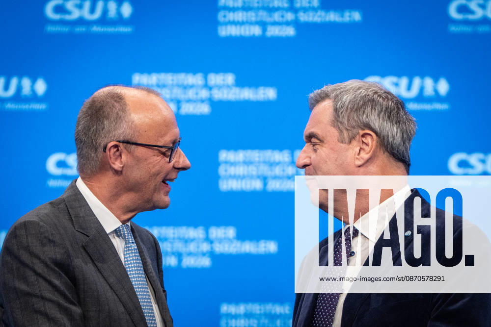 Bundeskanzler Friedrich Merz mit dem CSU-Parteivorsitzenden Markus Söder auf dem Parteitag;Parteitag der CSU in München, München Bayern Deutschland Messegelände München