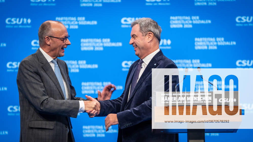Bundeskanzler Friedrich Merz mit dem CSU-Parteivorsitzenden Markus Söder auf dem Parteitag;Parteitag der CSU in München, München Bayern Deutschland Messegelände München
