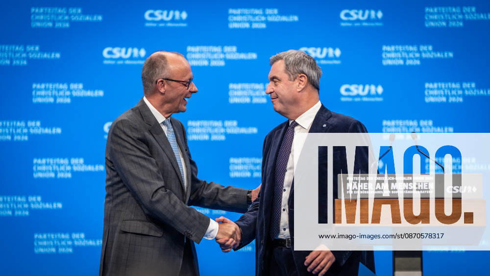 Bundeskanzler Friedrich Merz mit dem CSU-Parteivorsitzenden Markus Söder auf dem Parteitag;Parteitag der CSU in München, München Bayern Deutschland Messegelände München