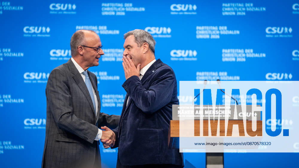 Bundeskanzler Friedrich Merz mit dem CSU-Parteivorsitzenden Markus Söder auf dem Parteitag;Parteitag der CSU in München, München Bayern Deutschland Messegelände München