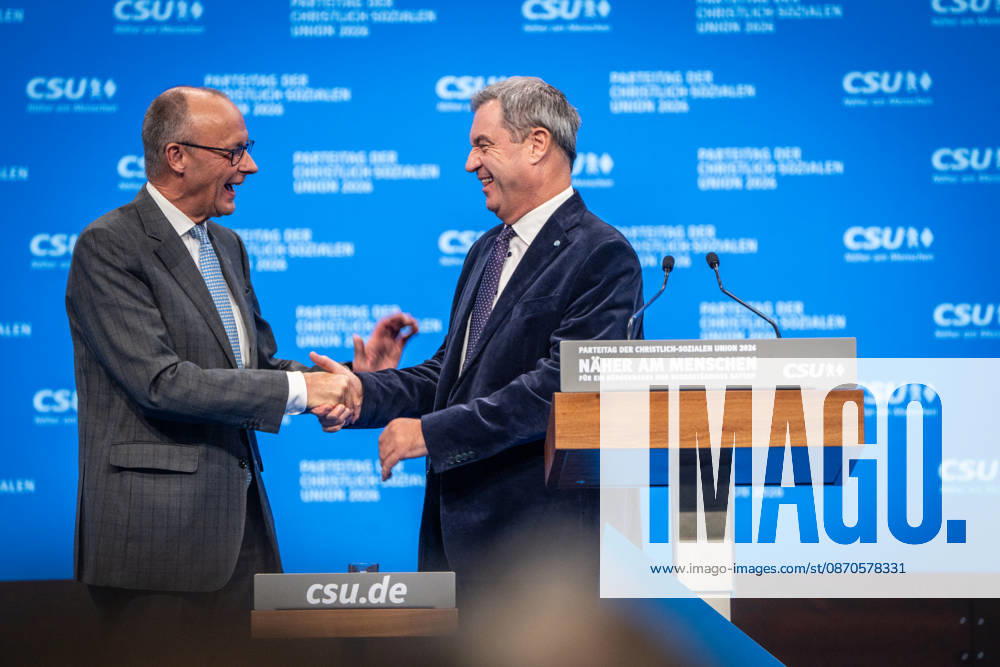 Bundeskanzler Friedrich Merz mit dem CSU-Parteivorsitzenden Markus Söder auf dem Parteitag;Parteitag der CSU in München, München Bayern Deutschland Messegelände München