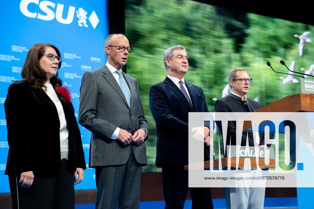 Tag 2, Parteitag 2026 der Partei CSU (Christlich-Soziale-Union) in der Messe München. Tanja Schorer-Dremel (MdL), Friedrich Merz (Bundeskanzler BRD Bundesrepublik Deutschland, CDU), Ministerpräsident Dr. Markus Söder und Generalsekretär Martin Huber zusammen auf der Bühne