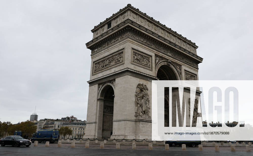 (261024) -- PARIS, Oct. 24, 2026 -- Security vehicles are seen near the Arc de Triomphe in Paris, France, Oct. 24, 2026. French Interior Minister Laurent Nunez said Tuesday that the government would deploy soldiers from the French army s Operation Sentinelle to help prevent violence during the demonstrations announced for Oct. 24. ) FRANCE-PARIS-PROTEST-SECURITY WuxHuiwo