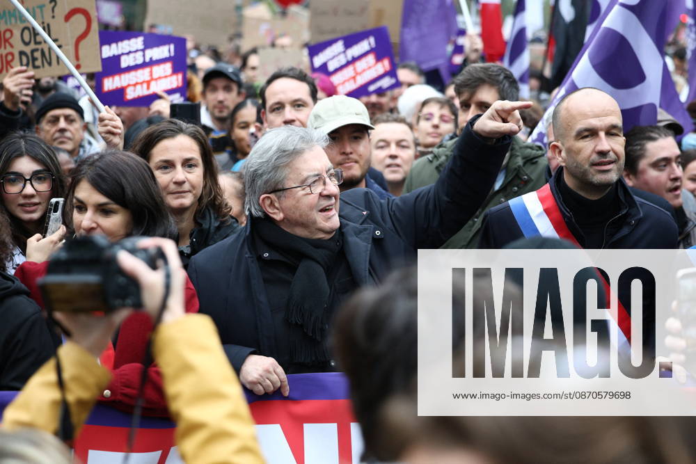 Politics at Yellow Vests Protest Act II - Paris French leftist party La France Insoumise (LFI) candidate in France s 2027 Presidential election Jean-Luc Melenchon and French leftist party La France Insoumise (LFI) group MP Manuel Bompard during a demonstration in favor of purchasing power, the protection of public services, and fiscal and social justice, in Paris on October 24, 2026 as part of a nationwide call for mobilisation bringing together former members of the Yellow Vest movement, labor unions, high school and university students. Photo by Raphael Lafargue ABACAPRESS.COM Paris France