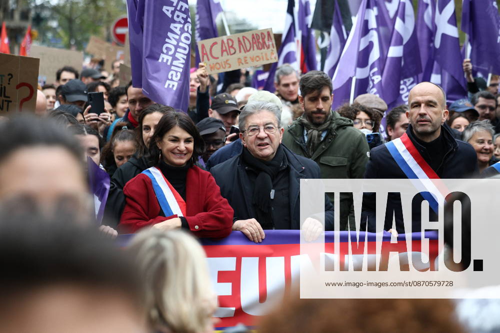 Politics at Yellow Vests Protest Act II - Paris French leftist party La France Insoumise (LFI) group MP Aurelie Trouve, French leftist party La France Insoumise (LFI) candidate in France s 2027 Presidential election Jean-Luc Melenchon and French leftist party La France Insoumise (LFI) group MP Manuel Bompard during a demonstration in favor of purchasing power, the protection of public services, and fiscal and social justice, in Paris on October 24, 2026 as part of a nationwide call for mobilisation bringing together former members of the Yellow Vest movement, labor unions, high school and university students. Photo by Raphael Lafargue ABACAPRESS.COM Paris France