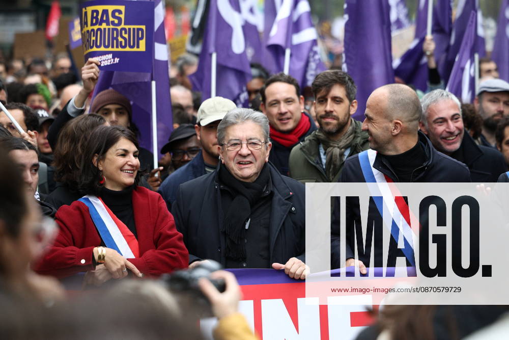 Politics at Yellow Vests Protest Act II - Paris French leftist party La France Insoumise (LFI) group MP Aurelie Trouve, French leftist party La France Insoumise (LFI) candidate in France s 2027 Presidential election Jean-Luc Melenchon and French leftist party La France Insoumise (LFI) group MP Manuel Bompard during a demonstration in favor of purchasing power, the protection of public services, and fiscal and social justice, in Paris on October 24, 2026 as part of a nationwide call for mobilisation bringing together former members of the Yellow Vest movement, labor unions, high school and university students. Photo by Raphael Lafargue ABACAPRESS.COM Paris France