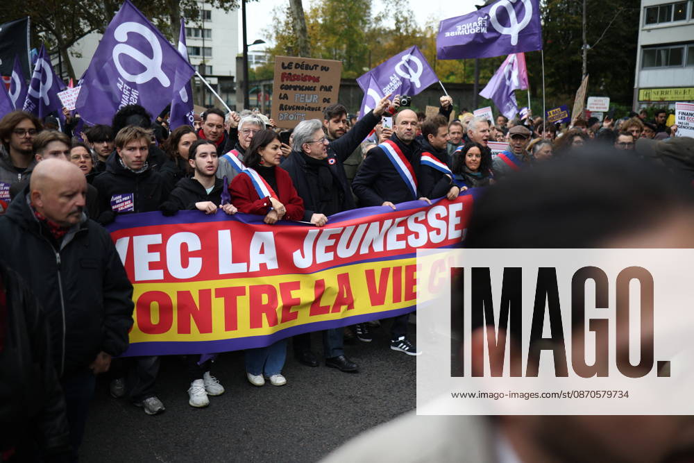 Politics at Yellow Vests Protest Act II - Paris French leftist party La France Insoumise (LFI) group MP Aurelie Trouve, French leftist party La France Insoumise (LFI) candidate in France s 2027 Presidential election Jean-Luc Melenchon and French leftist party La France Insoumise (LFI) group MP Manuel Bompard during a demonstration in favor of purchasing power, the protection of public services, and fiscal and social justice, in Paris on October 24, 2026 as part of a nationwide call for mobilisation bringing together former members of the Yellow Vest movement, labor unions, high school and university students. Photo by Raphael Lafargue ABACAPRESS.COM Paris France