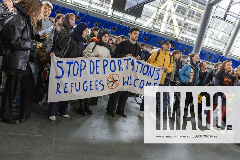Leipzig Airport Hosts Anti-Deportation Protest SCHKEUDITZ, GERMANY OCTOBER 24, 2026: Demonstrators take part in a protest against deportations at Leipzig Halle Airport as part of a nationwide day of action against deportations and deportation detention. The protest focuses particularly on charter deportation flights to Afghanistan. Schkeuditz Saxony Germany