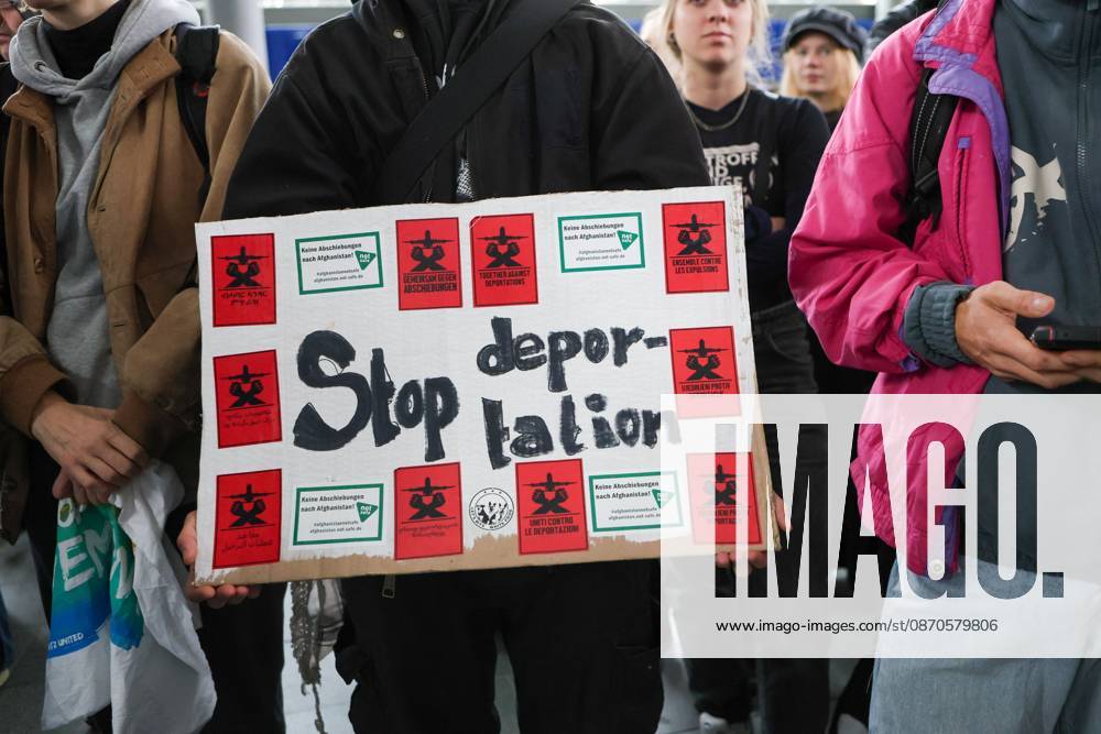 Leipzig Airport Hosts Anti-Deportation Protest SCHKEUDITZ, GERMANY OCTOBER 24, 2026: Demonstrators take part in a protest against deportations at Leipzig Halle Airport as part of a nationwide day of action against deportations and deportation detention. The protest focuses particularly on charter deportation flights to Afghanistan. Schkeuditz Saxony Germany