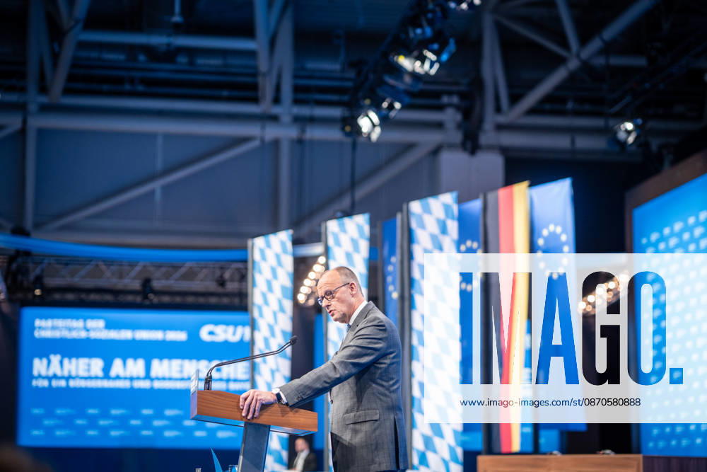 Bundeskanzler Friedrich Merz spricht vor dem CSU-Parteitag in München;Parteitag der CSU in München, München Bayern Deutschland Messegelände München