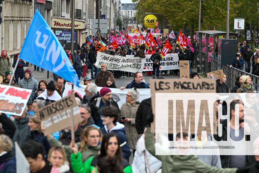 Anti-fascist demonstration in Orléans. Quentin Reix, PHOTOPQR, ECHO REPUBLICAIN, Oct. 24, 2026. Anti-fascist demonstration in Orléans. Orléans, Oct. 24, 2026. Photo by Quentin Reix. Orléans, France, Oct. 24, 2026 Protest against fascism and racism as a far-right party holds its convention in Orléans, France