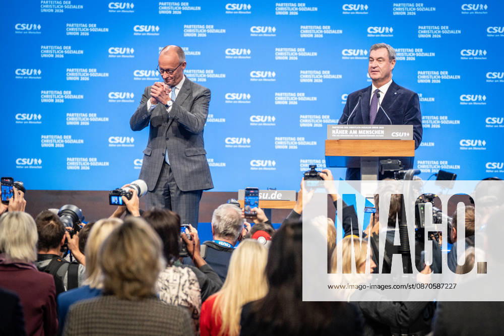 Bundeskanzler Friedrich Merz mit dem CSU-Parteivorsitzenden Markus Söder auf dem Parteitag;Parteitag der CSU in München, München Bayern Deutschland Messegelände München