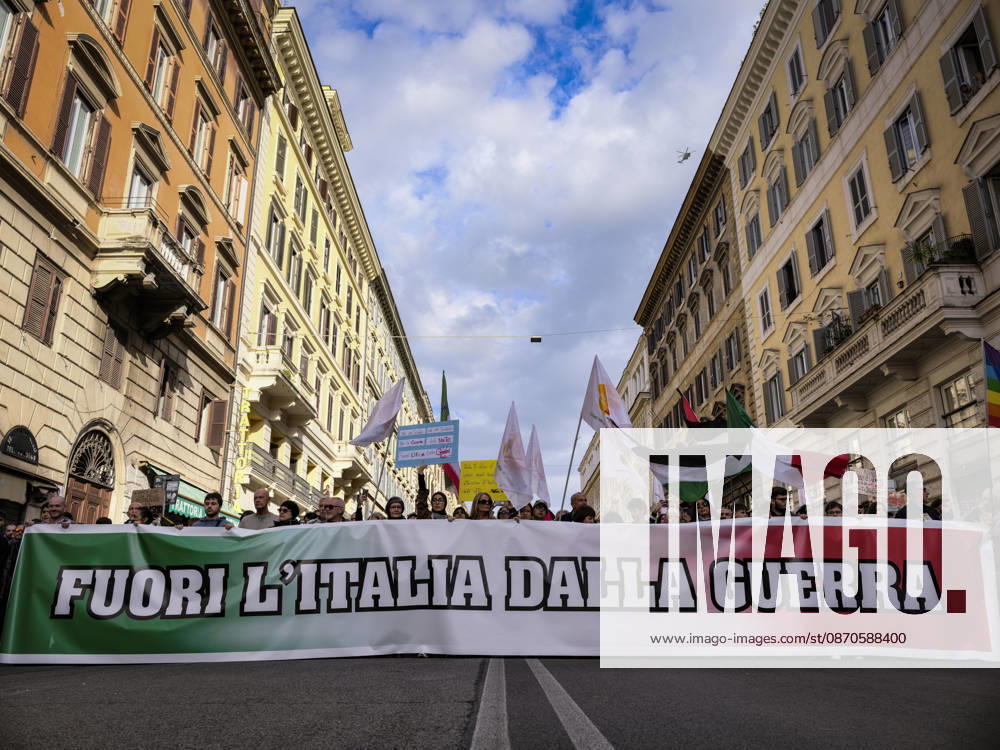 Rome Anti-War Demonstration Rome, Italy, October 24, 2026. Demonstrators take part in an anti-war march, under the slogan Fuori lItalia dalla guerra (Keep Italy Out of the War). Protesters, opposing Italys involvement in wars, military rearmament and the Italian governments policies. Rome Italy
