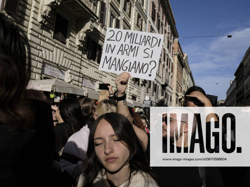 Rome Anti-War Demonstration Rome, Italy, October 24, 2026. Demonstrators take part in an anti-war march, under the slogan Fuori lItalia dalla guerra (Keep Italy Out of the War). Protesters, opposing Italys involvement in wars, military rearmament and the Italian governments policies. Rome Italy