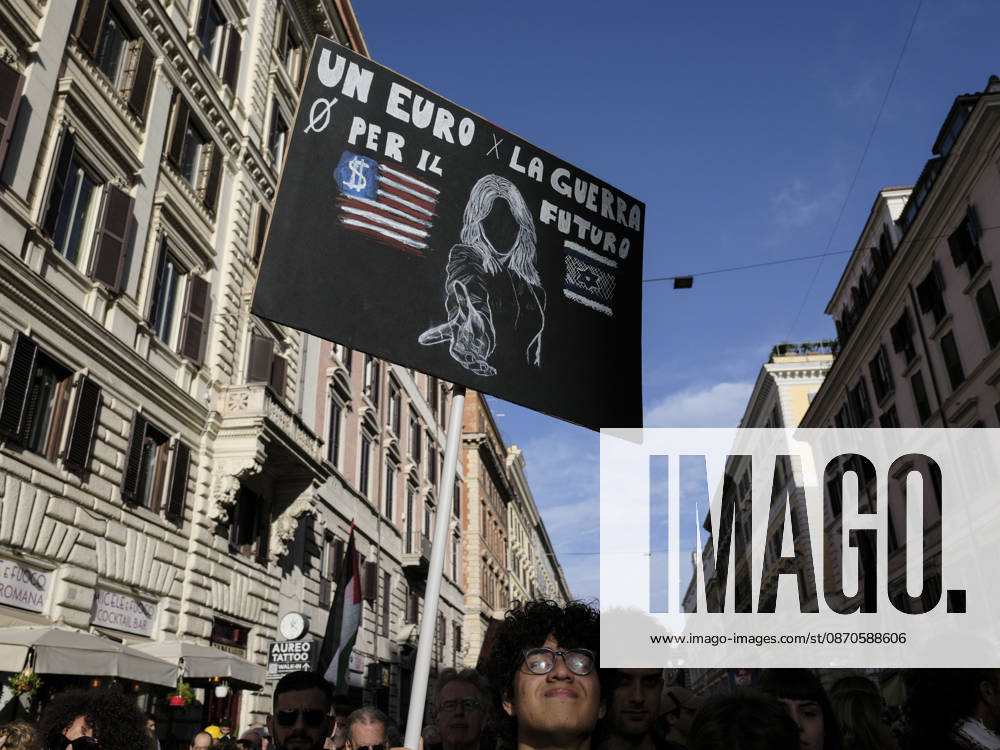Rome Anti-War Demonstration Rome, Italy, October 24, 2026. Demonstrators take part in an anti-war march, under the slogan Fuori lItalia dalla guerra (Keep Italy Out of the War). Protesters, opposing Italys involvement in wars, military rearmament and the Italian governments policies. Rome Italy