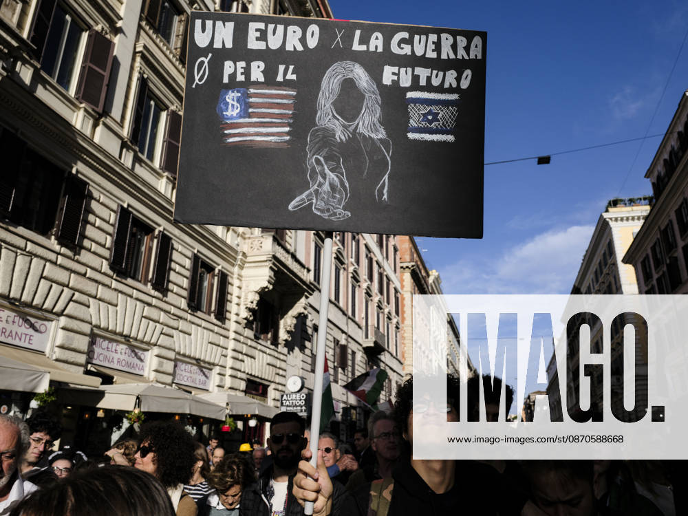 Rome Anti-War Demonstration Rome, Italy, October 24, 2026. Demonstrators take part in an anti-war march, under the slogan Fuori lItalia dalla guerra (Keep Italy Out of the War). Protesters, opposing Italys involvement in wars, military rearmament and the Italian governments policies. Rome Italy