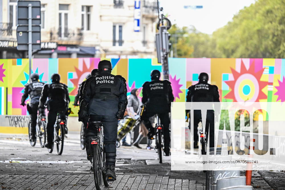 Riot police officers on bicycles take action during student protests in central Brussels, Belgium, on 24 October 2026. Police units are deployed throughout the city centre as officers repeatedly intervene to disperse groups of demonstrators between Avenue Lemonnier and Brussels-South railway station.