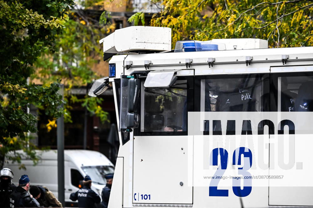 A police water cannon is deployed during student protests in Brussels, Belgium, on 24 October 2026. The water cannon forms part of the riot police operation to disperse demonstrators during unrest in the city centre, between Avenue Lemonnier and Brussels-South railway station.