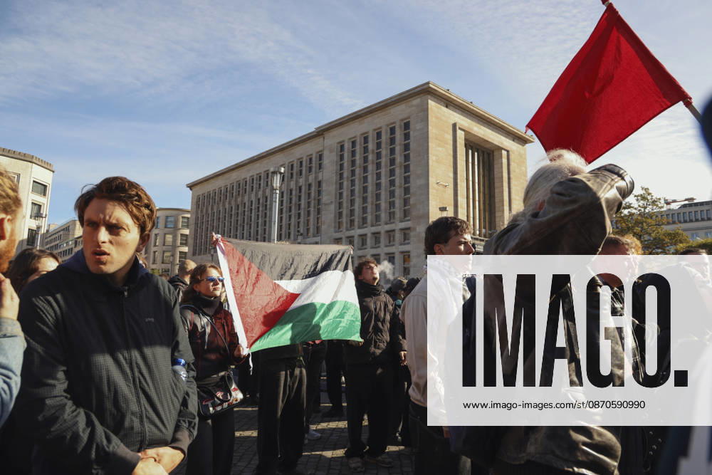 Brussels Belgium Education Protest Demonstrators carry a Palestinian flag during a protest in Brussels, Belgium on October 24, 2026. Hundreds of mainly young protesters gathered in Brussels to demand more funding for education and public services. Demonstrators further criticized police conduct, accusing officers of excessive force during previous rallies. Brussels Brussels Capital Belgium