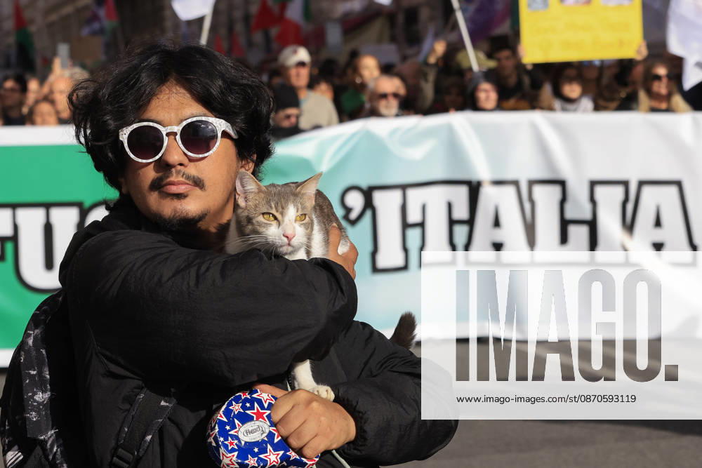 Demonstration against the Italian government in Rome ROME, ITALY, OCTOBER 24: A demonstrator holds his cat during a protest against the Italian government in Rome, Italy, on October 24, 2026. Riccardo De Luca Anadolu Rome Italy. Editorial use only. Please get in touch for any other usage.