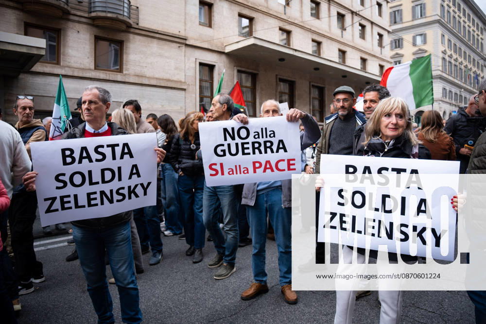 Thousands of people take to the streets to join the Get Italy out of the war march. Participants are calling for peace and protesting against the rising cost of living. No to war, yes to peace. Stop sending money to Zelensky read the signs. Rome Italy - ZUMAg256 20261024_znp_g256_018