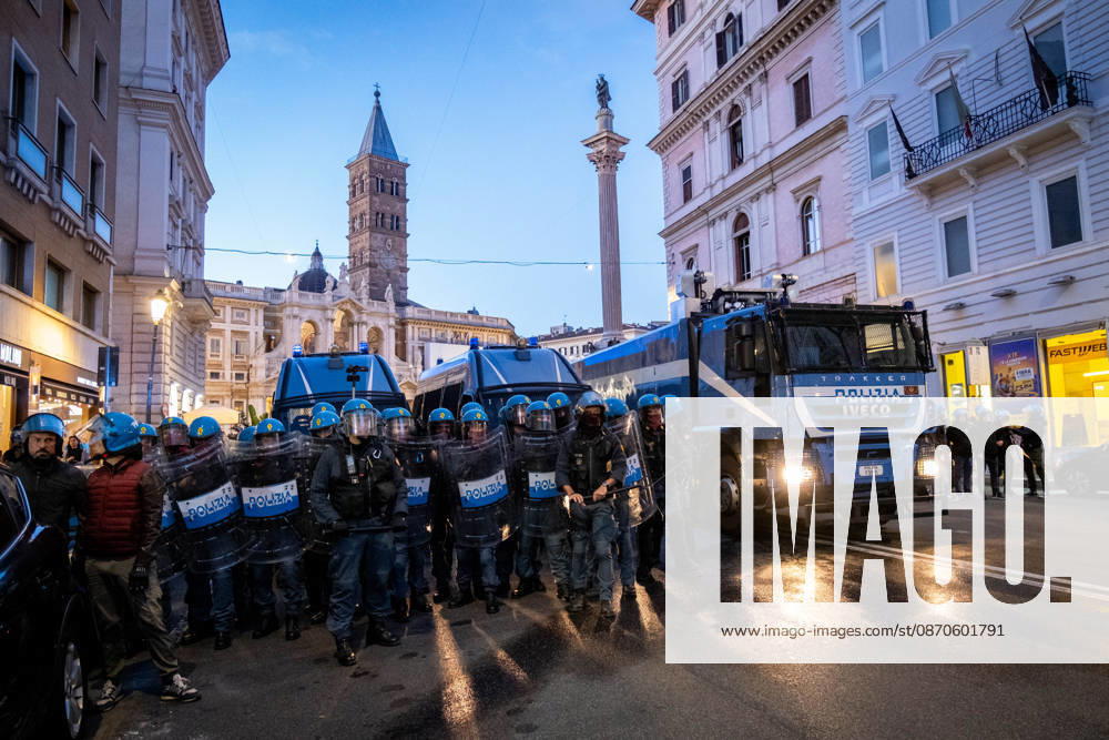 Thousands of people take to the streets to join the Get Italy out of the war march. Participants are calling for peace and protesting against the rising cost of living. Police are blocking access to Piazza di Santa Maria Maggiore. Rome Italy - ZUMAg256 20261024_znp_g256_006