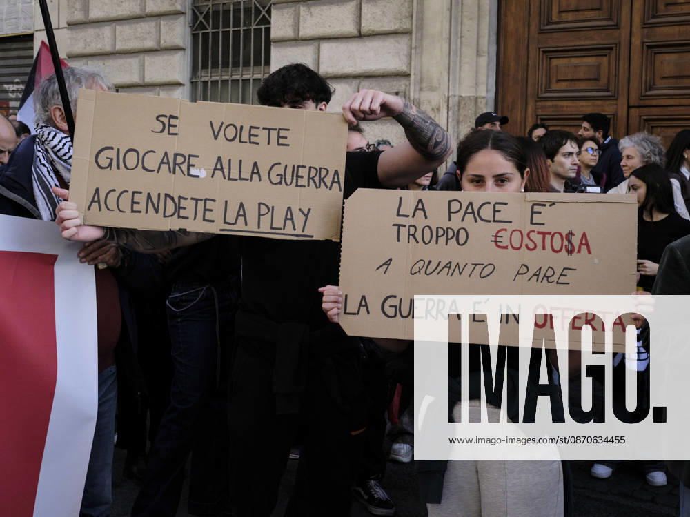 Rome Anti War Protest Demonstrators hold placards reading If you want to play war, turn on the PlayStation and Peace is too expensive, apparently war is on sale during an anti-war protest in Rome, Italy on October 24, 2026. Demonstrators took part in an anti-war march under the slogan Keep Italy Out of the War . Protesters further voiced opposition to Italy s involvement in armed conflicts, military rearmament and government policies. Rome Lazio Italy