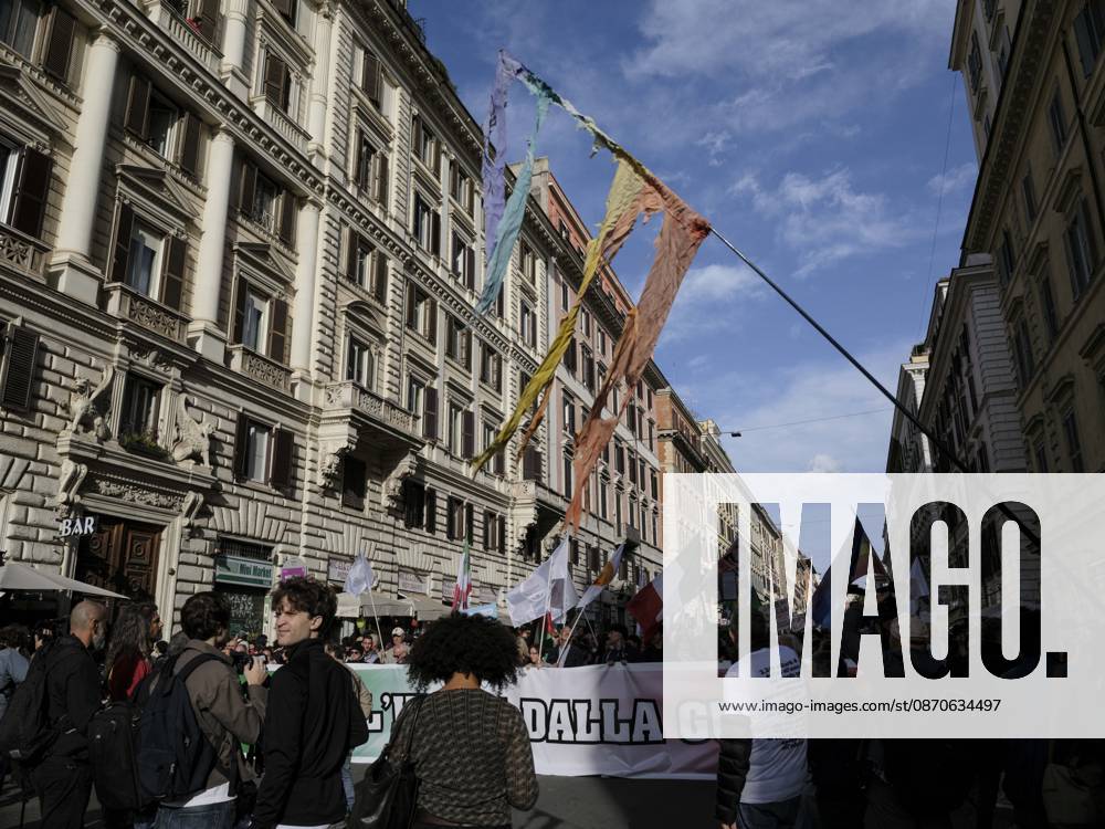 Rome Anti War Protest Demonstrators march during an anti-war protest in Rome, Italy on October 24, 2026. Demonstrators took part in an anti-war march under the slogan Keep Italy Out of the War . Protesters further voiced opposition to Italy s involvement in armed conflicts, military rearmament and government policies. Rome Lazio Italy