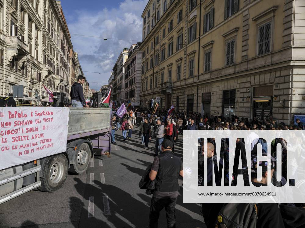 Rome Anti War Protest Demonstrators gather near a vehicle during an anti-war protest in Rome, Italy on October 24, 2026. Demonstrators took part in an anti-war march under the slogan Keep Italy Out of the War . Protesters further voiced opposition to Italy s involvement in armed conflicts, military rearmament and government policies. Rome Lazio Italy