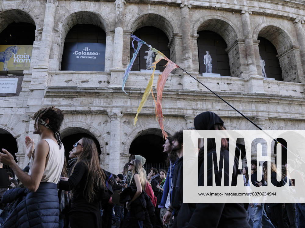 Rome Anti War Protest Demonstrators march outside the Colosseum during an anti-war protest in Rome, Italy on October 24, 2026. Demonstrators took part in an anti-war march under the slogan Keep Italy Out of the War . Protesters further voiced opposition to Italy s involvement in armed conflicts, military rearmament and government policies. Rome Lazio Italy