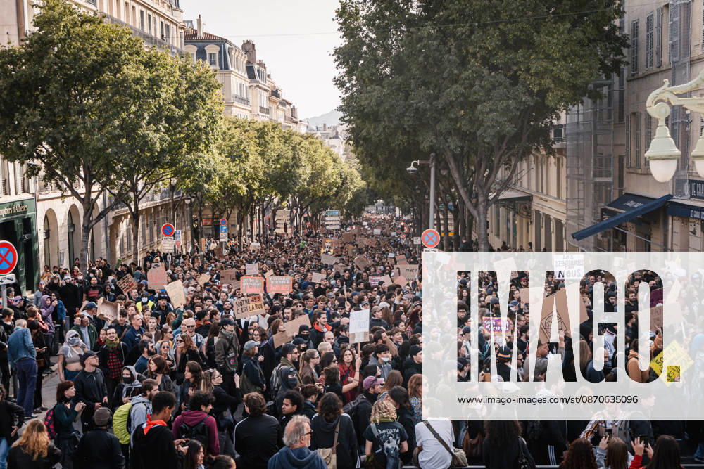 Marseille France Street Protests A large crowd gathers on a street during a protest in Marseille, France on October 24, 2026. Authorities deployed around 70,000 security personnel across France for renewed protests over the cost of living, after unrest a week earlier saw public buildings damaged, hundreds of shops looted and about 2,700 people arrested. Marseille Provence-Alpes-CÃ te France