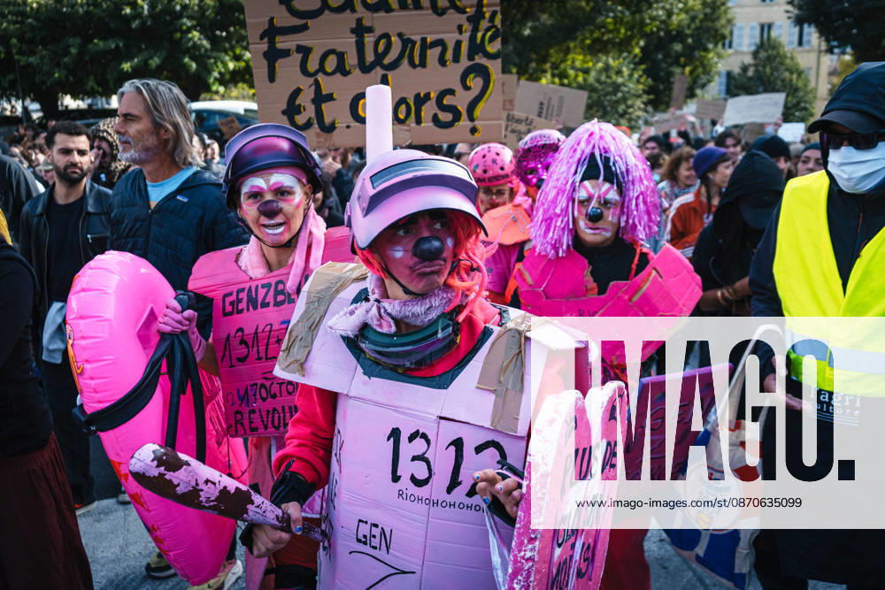 Marseille France Street Protests Demonstrators in colorful costumes take part in a protest march in Marseille, France on October 24, 2026. Authorities deployed around 70,000 security personnel across France for renewed protests over the cost of living, after unrest a week earlier saw public buildings damaged, hundreds of shops looted and about 2,700 people arrested. Marseille Provence-Alpes-CÃ te France
