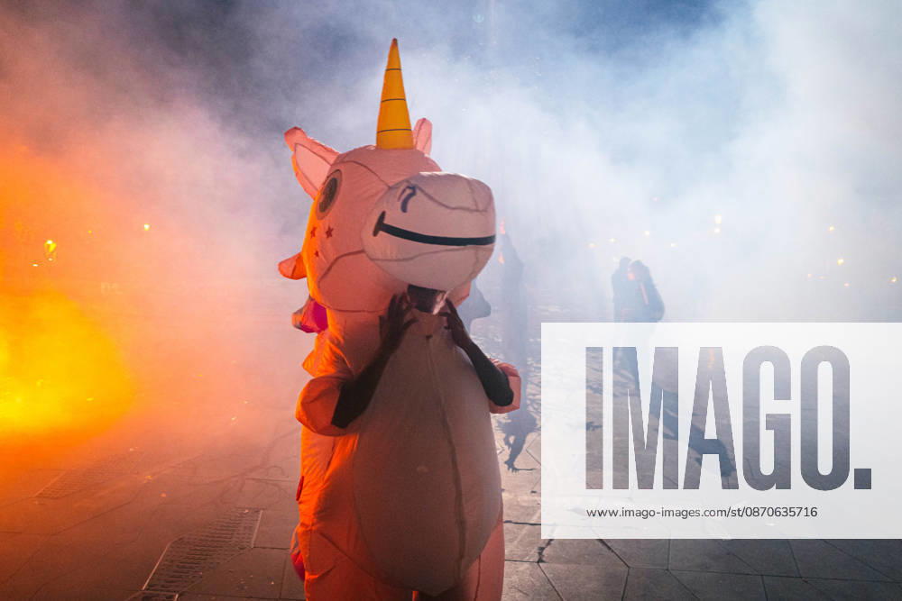Marseille France Street Protests A costumed demonstrator stands amid smoke during a protest in Marseille, France on October 24, 2026. Authorities deployed around 70,000 security personnel across France for renewed protests over the cost of living, after unrest a week earlier saw public buildings damaged, hundreds of shops looted and about 2,700 people arrested. Marseille Provence-Alpes-CÃ te France