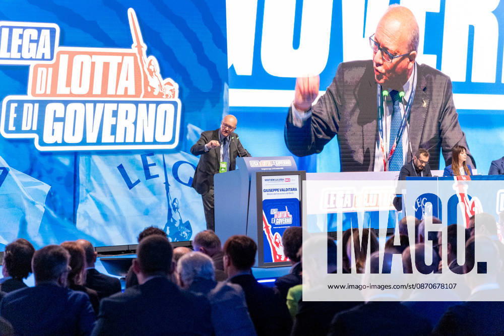 News - Congresso Federale della Lega Giuseppe Valditara, Minister of instruction speaks to the crowd at Lega national congress. Milan, Italy, 25 10 2026 Milano Milano Italy