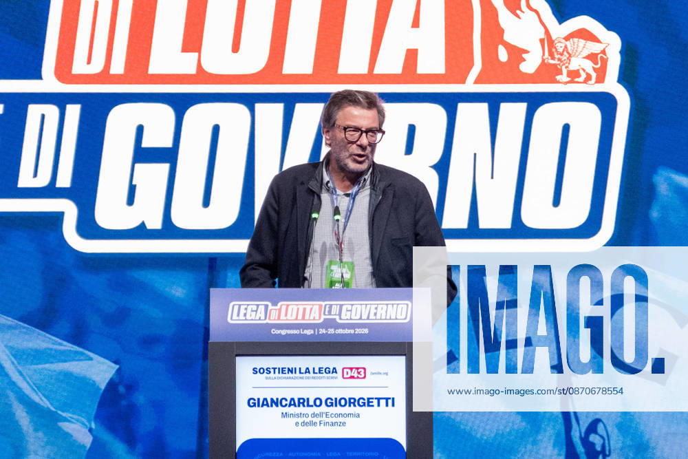 News - Congresso Federale della Lega Giancarlo Giorgetti, Minister of economy, speaks to the crowd during Lega national congress. Milan, Italy, 25 10 2026 Milano Milano Italy