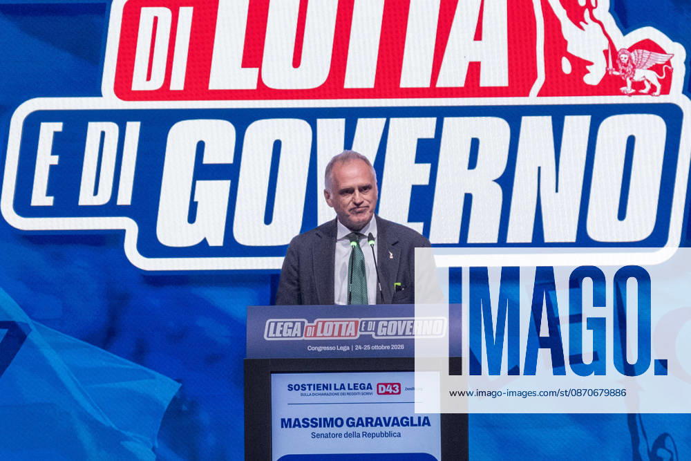 News - Congresso Federale della Lega Massimo Garavaglia, Lega national secretary candidate speaks to the crowd during Lega national congress. Milan, Italy, 25 10 2026 Milano Milano Italy