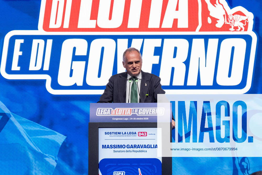 News - Congresso Federale della Lega Massimo Garavaglia, Lega national secretary candidate speaks to the crowd during Lega national congress. Milan, Italy, 25 10 2026 Milano Milano Italy