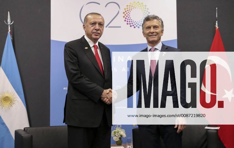 Buenos Aires, Argentina - Argentine President Mauricio Macri, right, shakes hands with Turkish President Recep Tayyip Erdogan before a bilateral meeting on the sidelines of the G20 Summit meeting at the Costa Salguero Center December 1, 2018 in Buenos Aires, Argentina. Buenos Aires Argentina - ZUMAp138 20181201_zaa_p138_038
