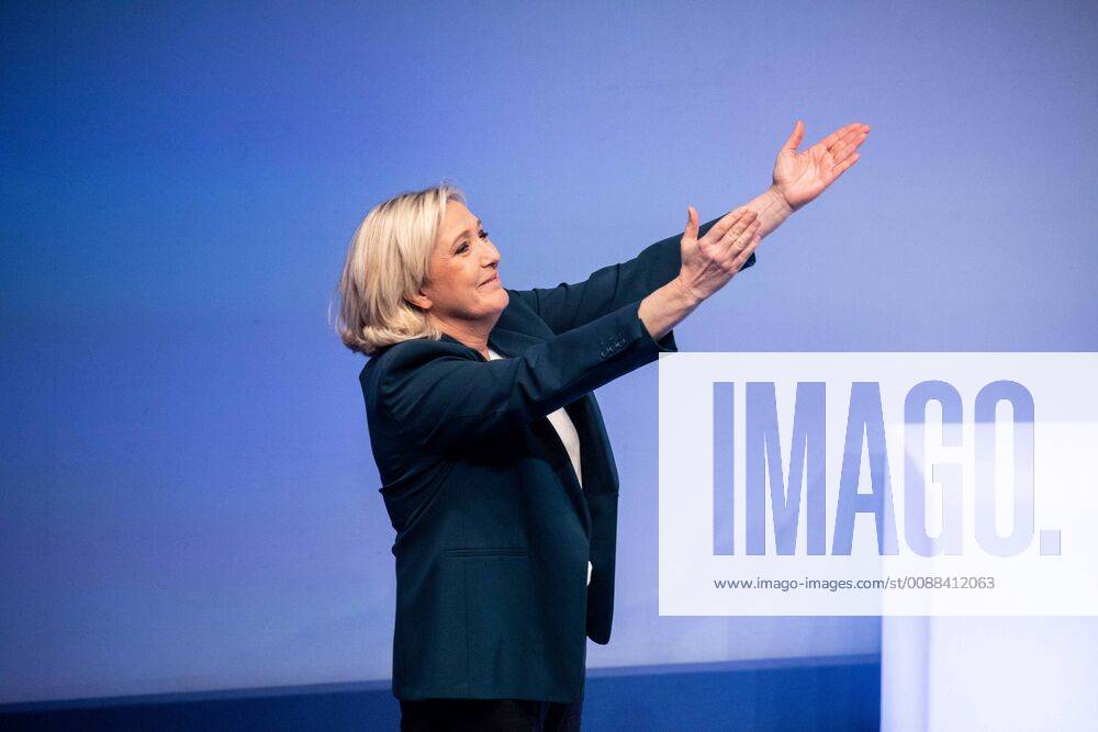 French far-right National Rally (Rassemblement National) party leader Marine Le Pen gestures during the launching of National Rally (Rassemblement National) party campaign for the European elections in Paris, France