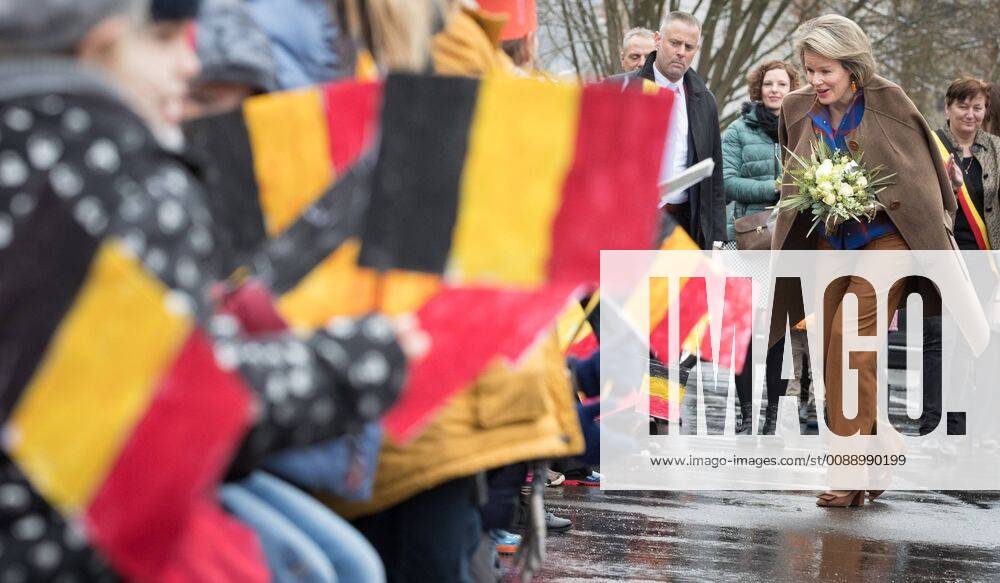 Federation Wallonia - Brussels Minister of Education and School Buildings Marie-Martine Schyns and Queen Mathilde of Belgium pictured during a royal visit to the Athenee Royal d Esneux school in Esneux to discuss bullying, Thursday 31 January 2019. BENOITxDOPPAGNE 05520486