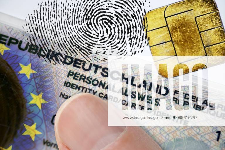 FOTOMONTAGE, Finger auf deutschem Personalausweis mit EU-Fahne, Datenchip und Fingerabdruck