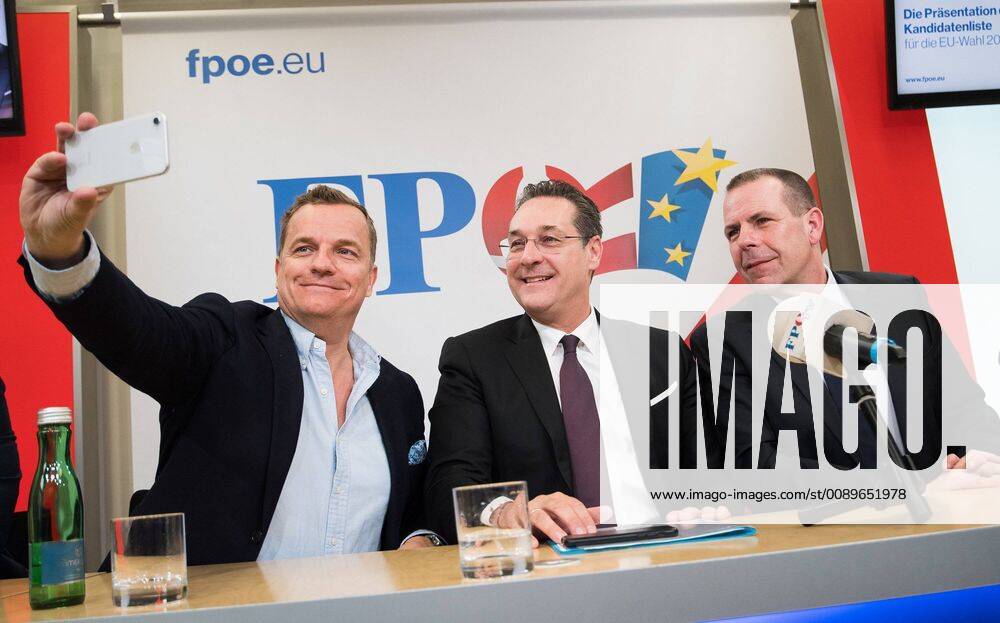 FPOe-Medienzentrum, Wien, AUT, FPOe, Pressekonferenz mit Praesentation der Kandidatenliste zur EU-Wahl. im Bild Mitglied des EuropaparlamentsFPOe Georg Mayer, Vizekanzler Heinz-Christian Strache (FPOe) und Mitglied des Europaparlaments und Generalsekretaer FPOe Harald Vilimsky MEP Georg Mayer (Europe of Nations and Freedom Group), Austrian Vice Chancellor Heinz-Christian Strache and MEP Harald Vilimsky (Europe of Nations and Freedom Group ) during media conference of the Austrian Freedom Party a presentation of the canidates for EU elections in Vienna, Austria on 2019 02 26.