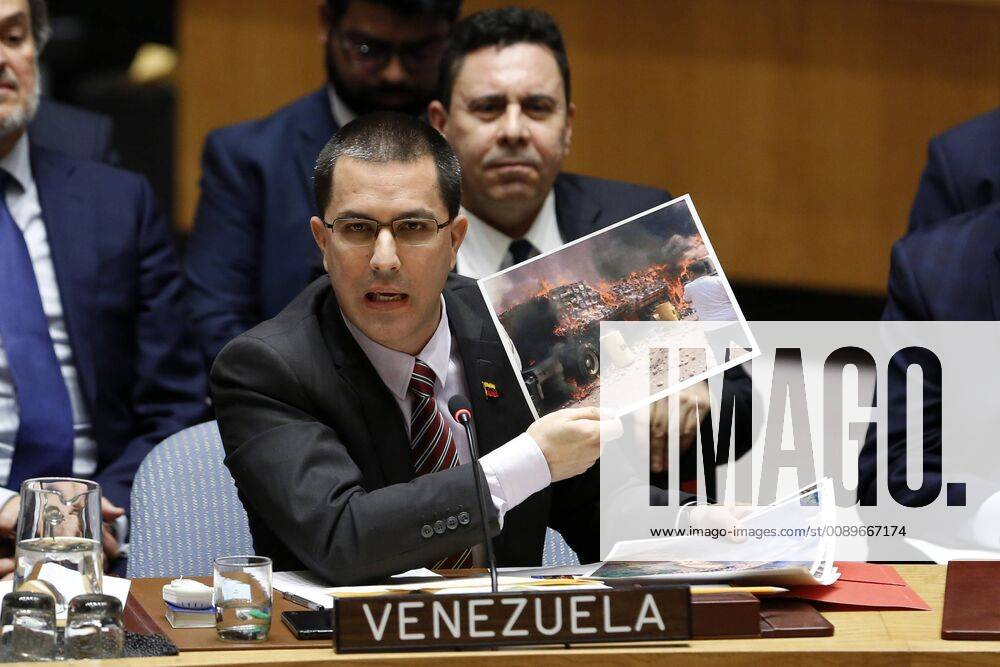 (190226) -- UNITED NATIONS, Feb. 26, 2019 -- Venezuelan Foreign Minister Jorge Arreaza (Front) addresses a United Nations Security Council meeting on the situation in Venezuela at the UN headquarters in New York, on Feb. 26, 2019. The Security Council held the open meeting on the latest events in Venezuela at the request of the United States on Tuesday. ) UN-SECURITY COUNCIL-VENEZUELA-MEETING LixMuzi