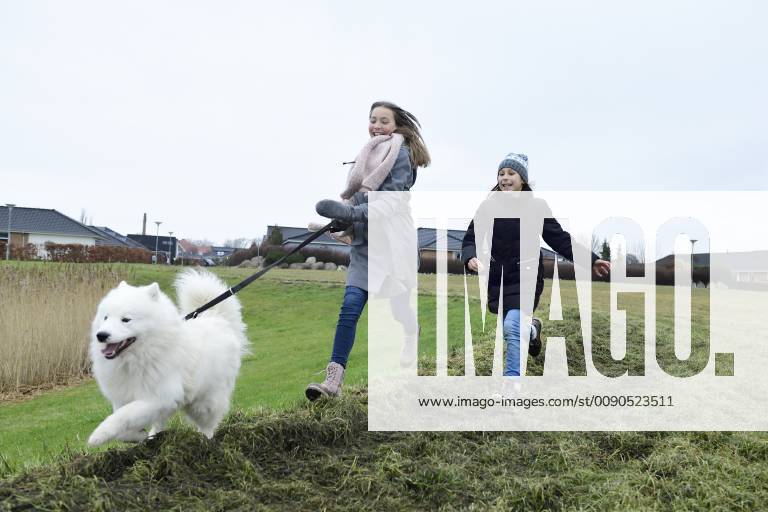 Two girls running on a meadow with dog having fun model released Symbolfoto property released ECPF00256